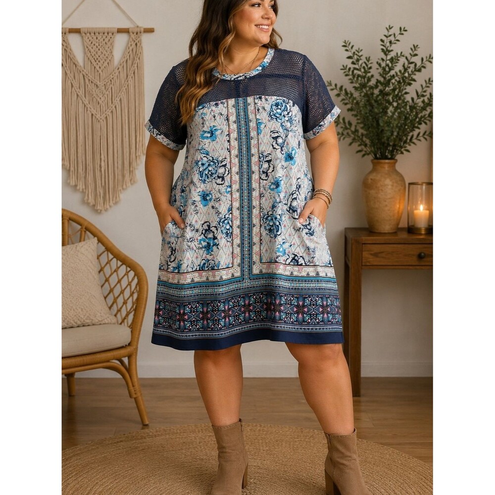 Signature Studio Floral Shift Dress Mesh Yoke Short Sleeve Pockets Boho Size XL